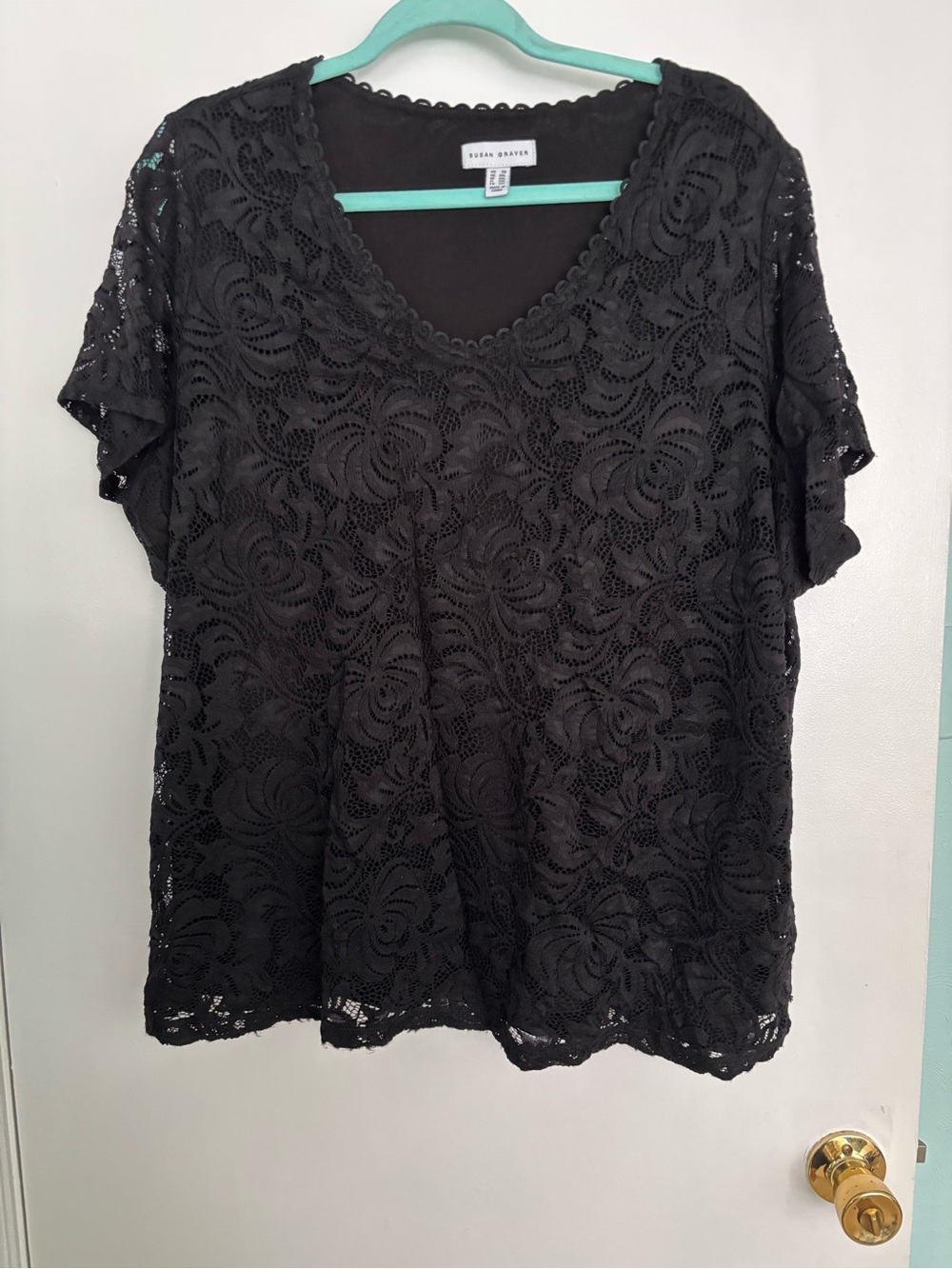 Susan Graver Black Floral Lace Short Sleeve Top 2X